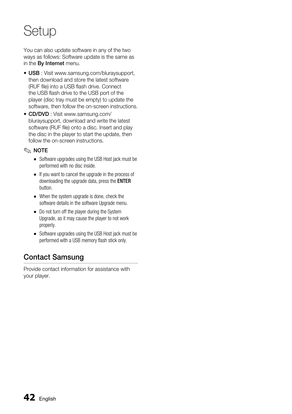 Contact samsung, Setup | Samsung BD-C5500 User Manual | Page 42 / 67