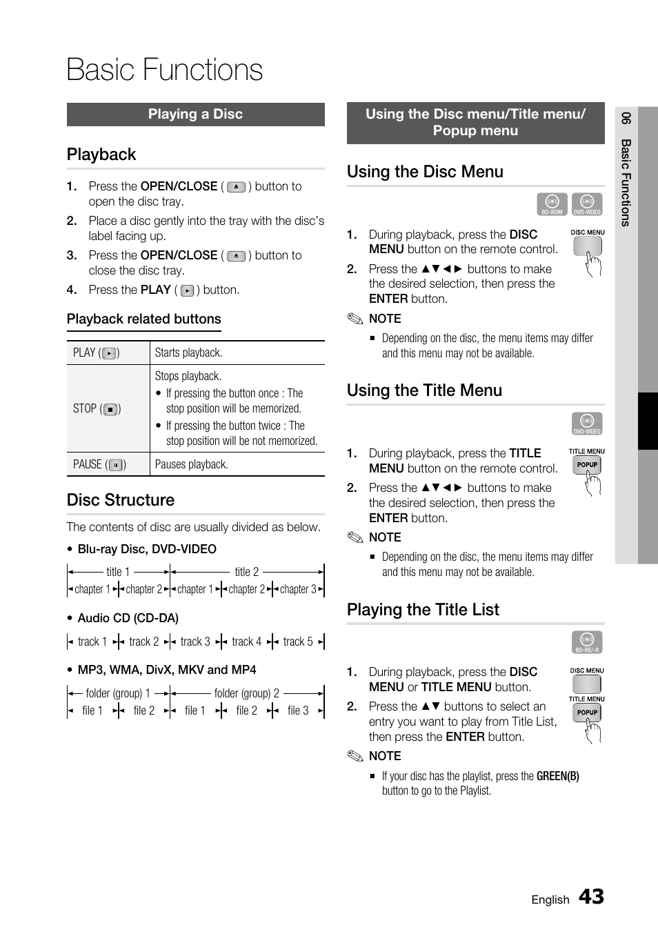 Basic functions, Playing a disc, Playback | Disc structure, Using the disc menu/title menu/popup menu, Using the disc menu, Using the title menu, Playing the title list | Samsung BD-C5500 User Manual | Page 43 / 67