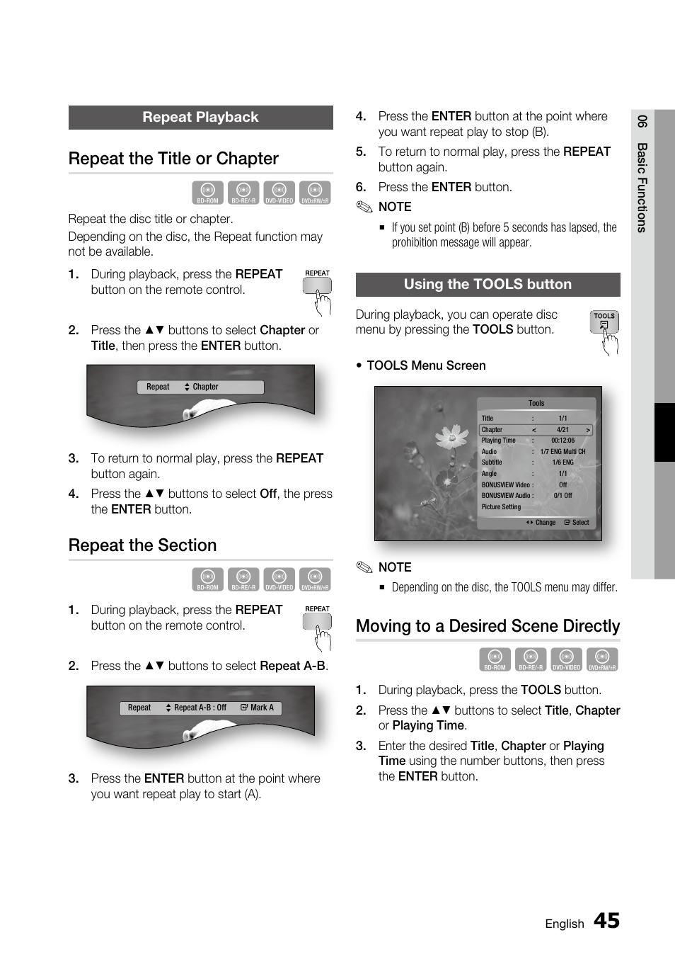Repeat playback, Repeat the title or chapter, Repeat the section | Using the tools button, Moving to a desired scene directly | Samsung BD-C5500 User Manual | Page 45 / 67