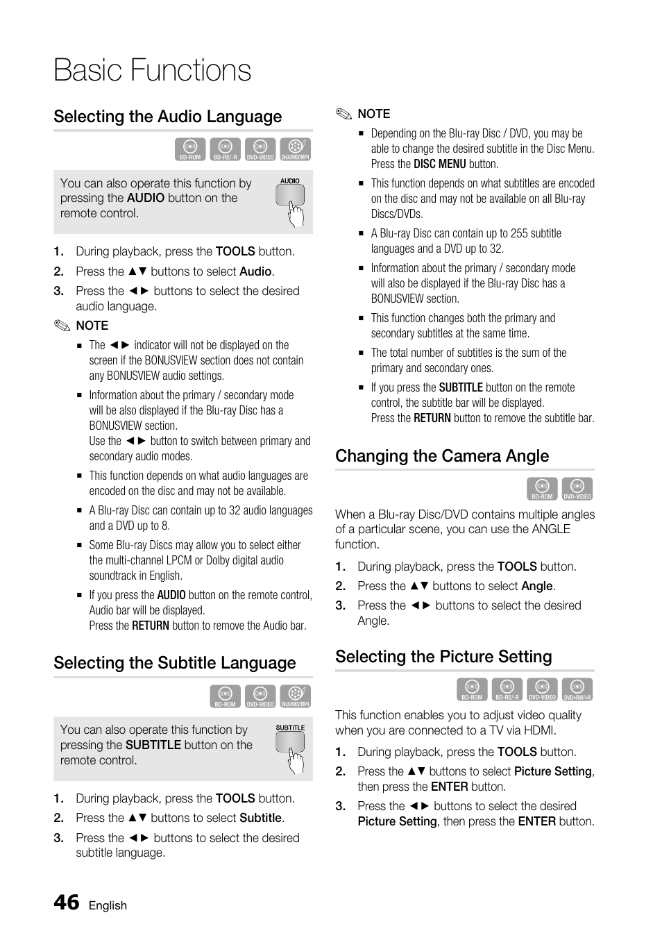 Selecting the audio language, Selecting the subtitle language, Changing the camera angle | Selecting the picture setting, Basic functions | Samsung BD-C5500 User Manual | Page 46 / 67