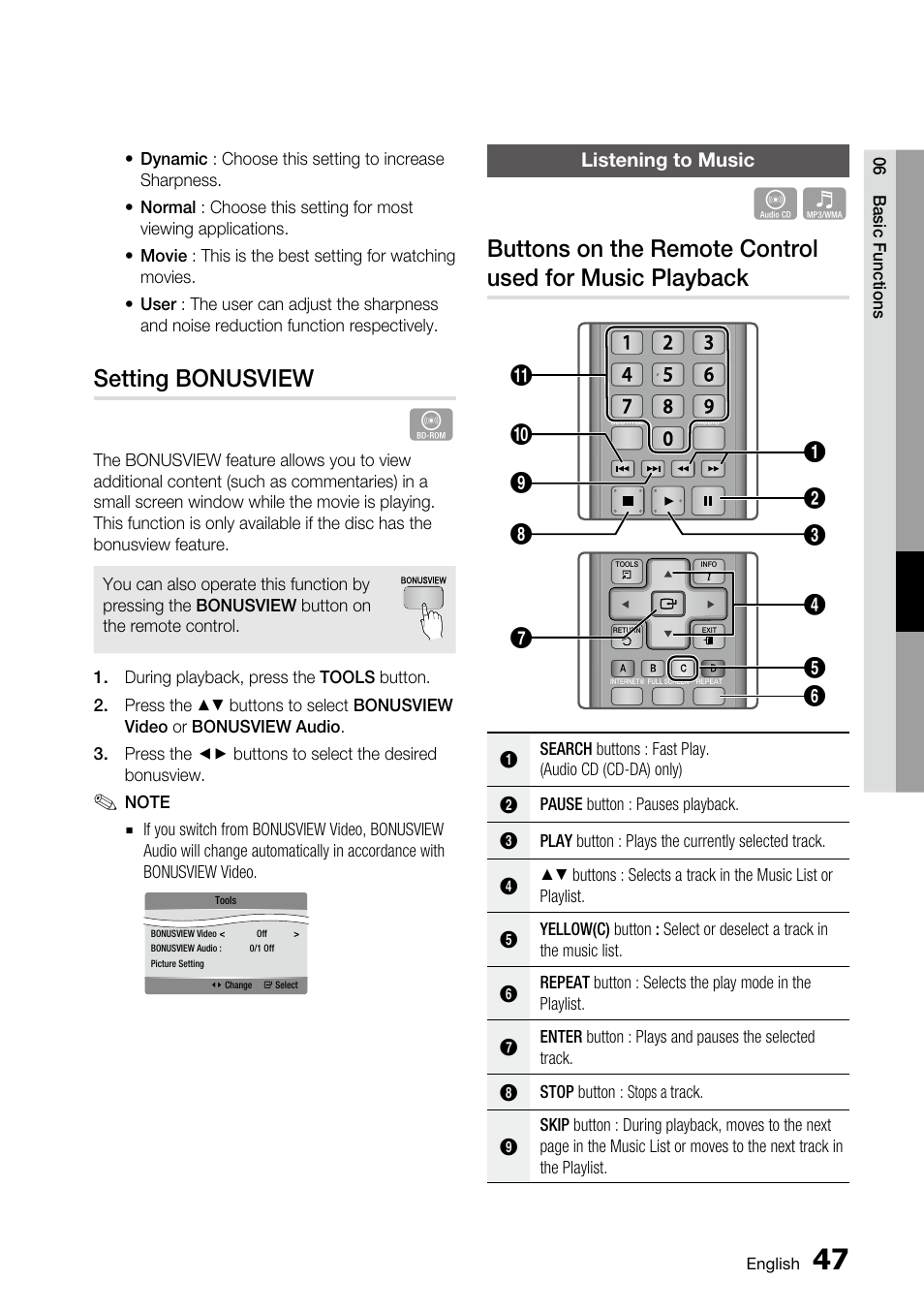 Setting bonusview, Listening to music | Samsung BD-C5500 User Manual | Page 47 / 67