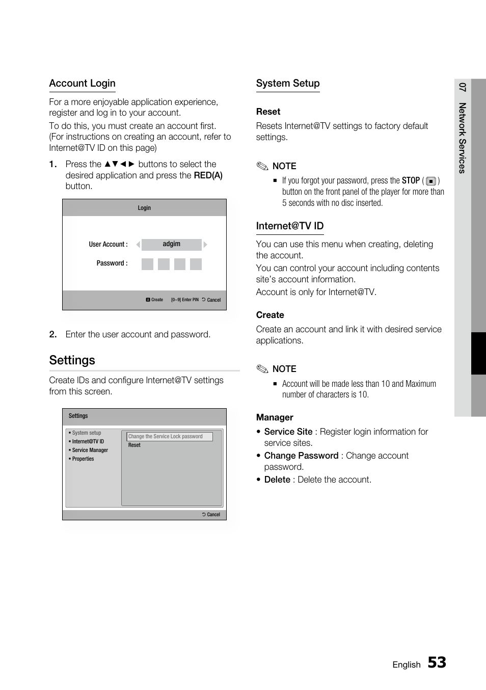 Settings, Account login, System setup | Internet@tv id | Samsung BD-C5500 User Manual | Page 53 / 67