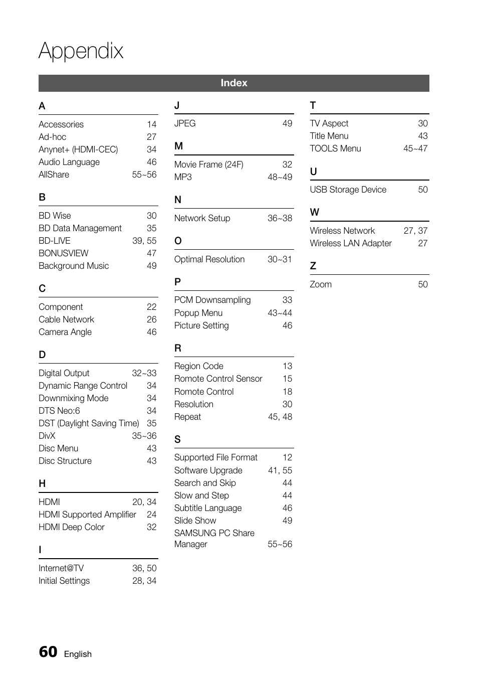 Index, Appendix | Samsung BD-C5500 User Manual | Page 60 / 67