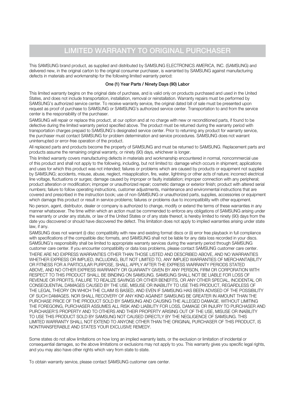 Limited warranty to original purchaser | Samsung BD-C5500 User Manual | Page 65 / 67