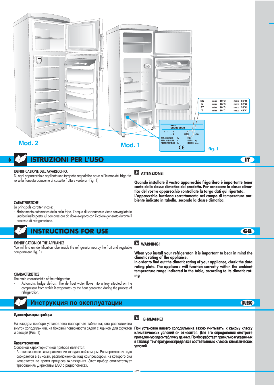 Istruzioni per l’uso instructions for use, Инструкция по эксплуатации, Mod. 1 mod. 2 | Ardo DP23SA User Manual | Page 6 / 40