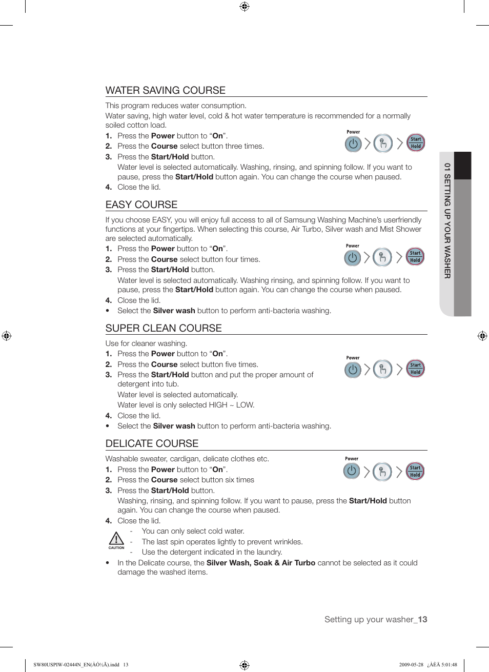Water saving course, Easy course, Super clean course | Delicate course | Samsung SW80USP User Manual | Page 13 / 24