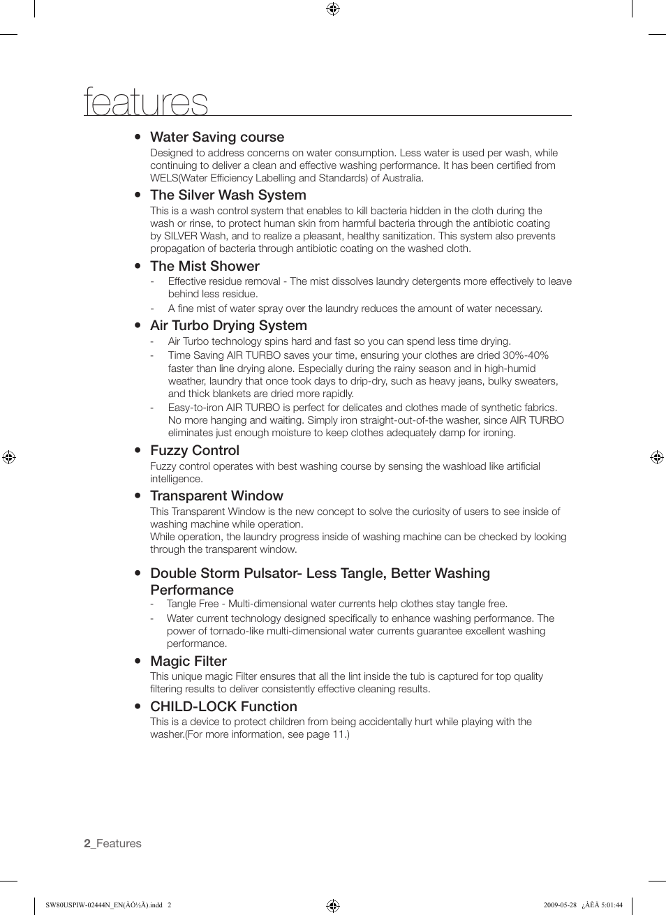 Features | Samsung SW80USP User Manual | Page 2 / 24