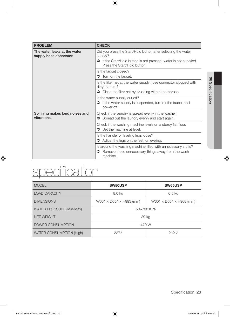 Specification | Samsung SW80USP User Manual | Page 23 / 24
