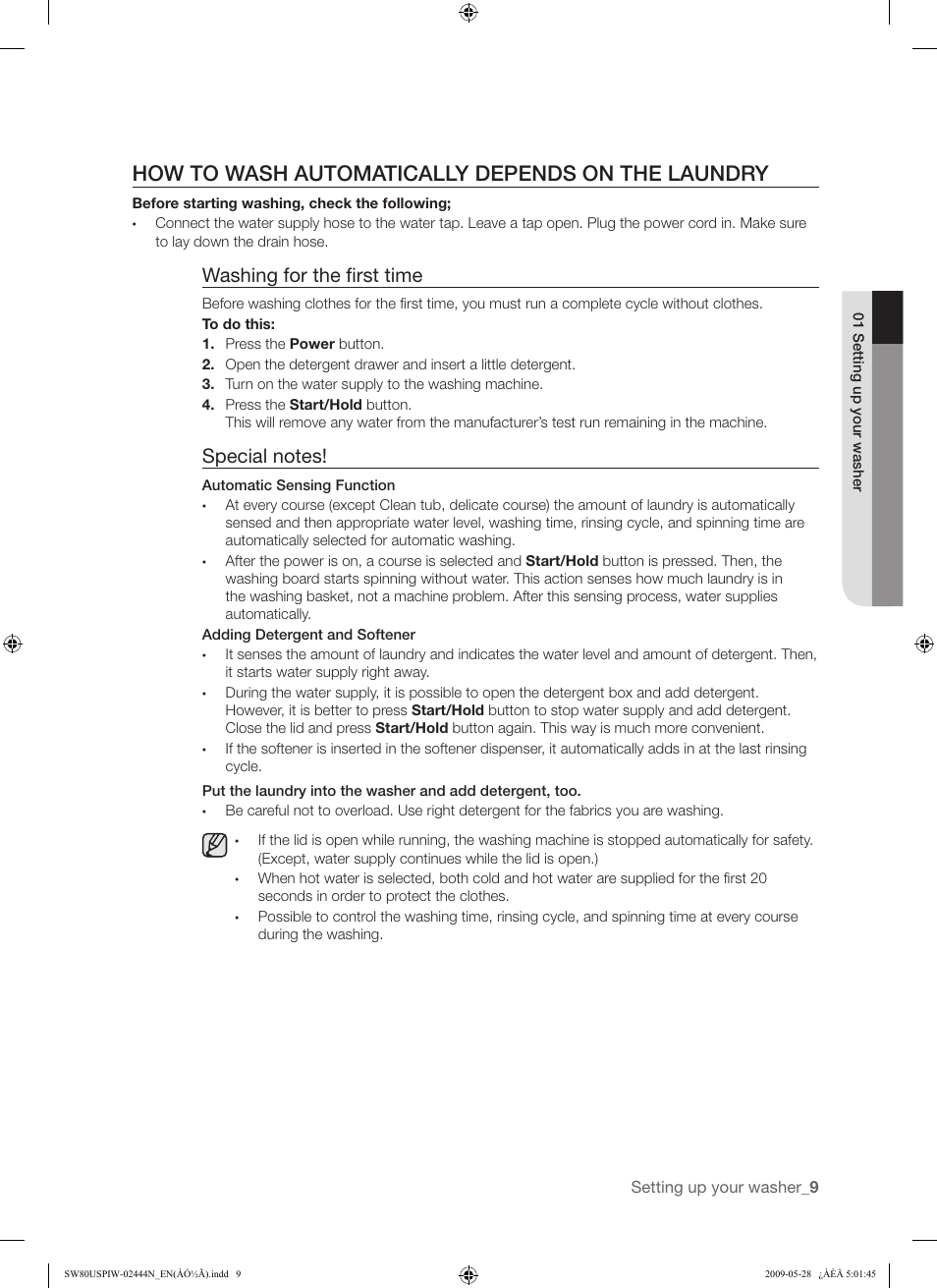 How to wash automatically depends on the laundry, Washing for the first time | Samsung SW80USP User Manual | Page 9 / 24
