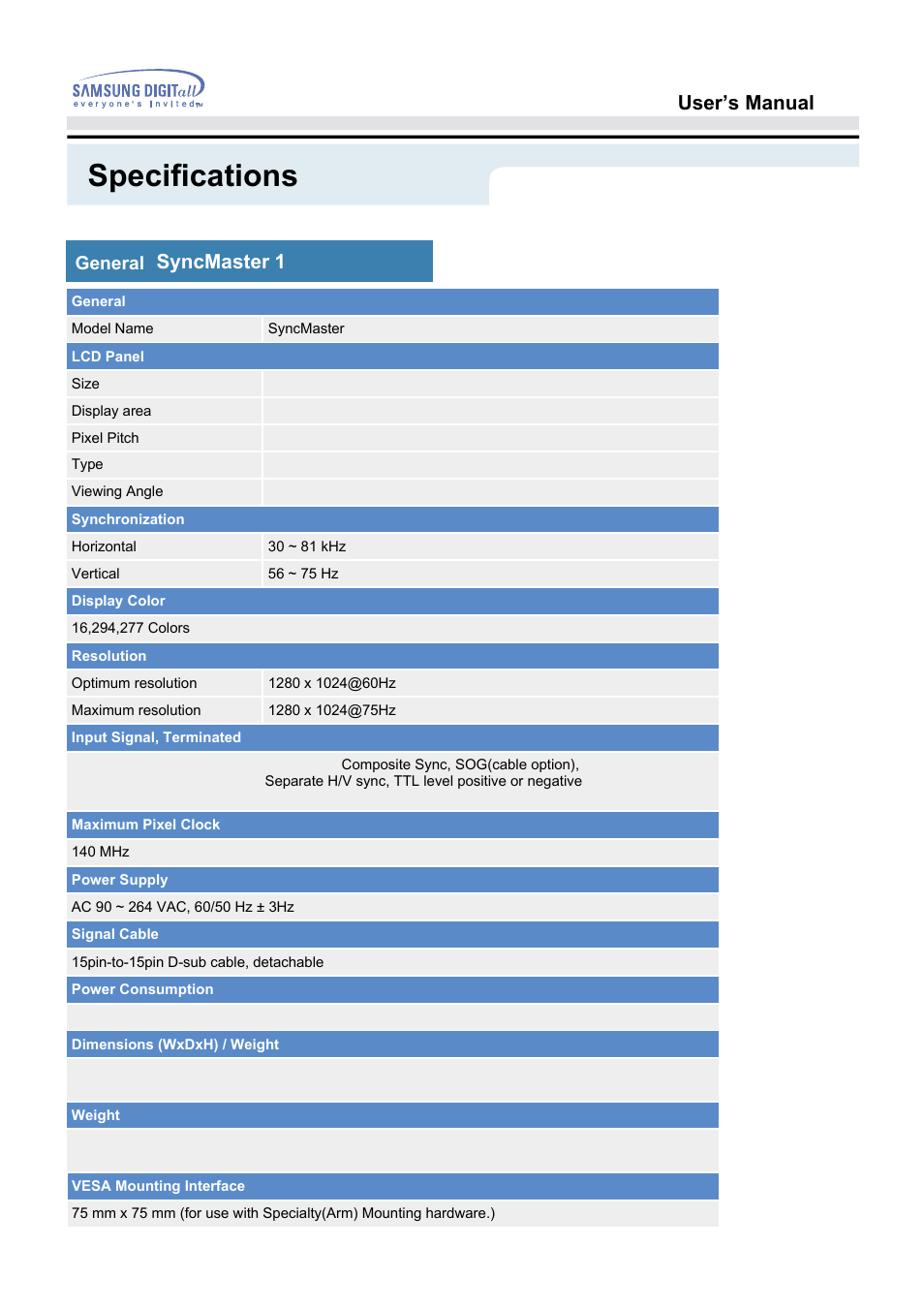 Specifications, User’s manual, Syncmaster 192b) | Samsung 192B User Manual | Page 38 / 55