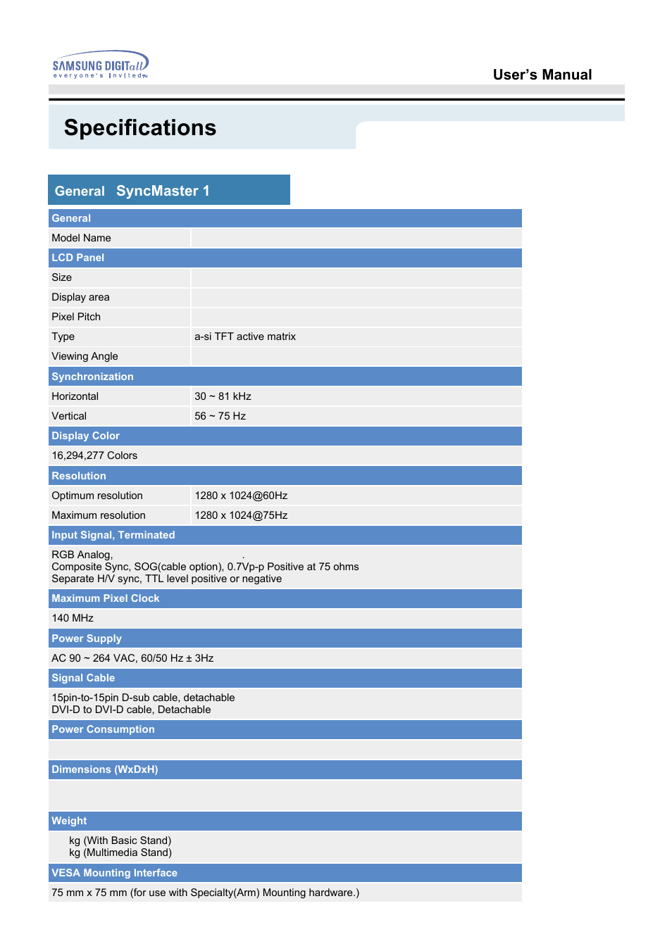 Specifications, User’s manual, Syncmaster 192t) | Samsung 192B User Manual | Page 40 / 55