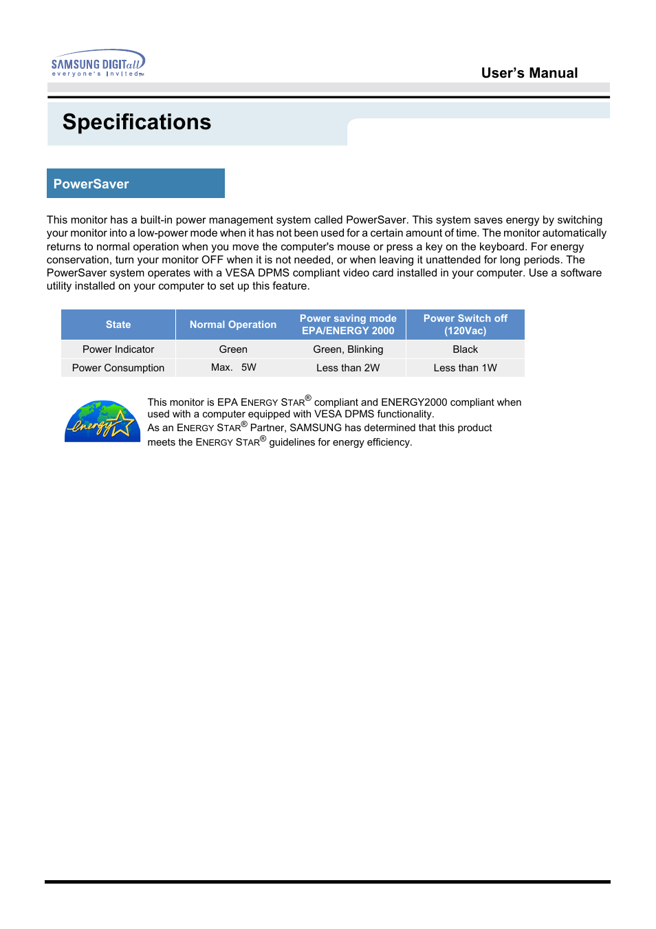 Specifications, User’s manual, Powersaver | Samsung 192B User Manual | Page 42 / 55