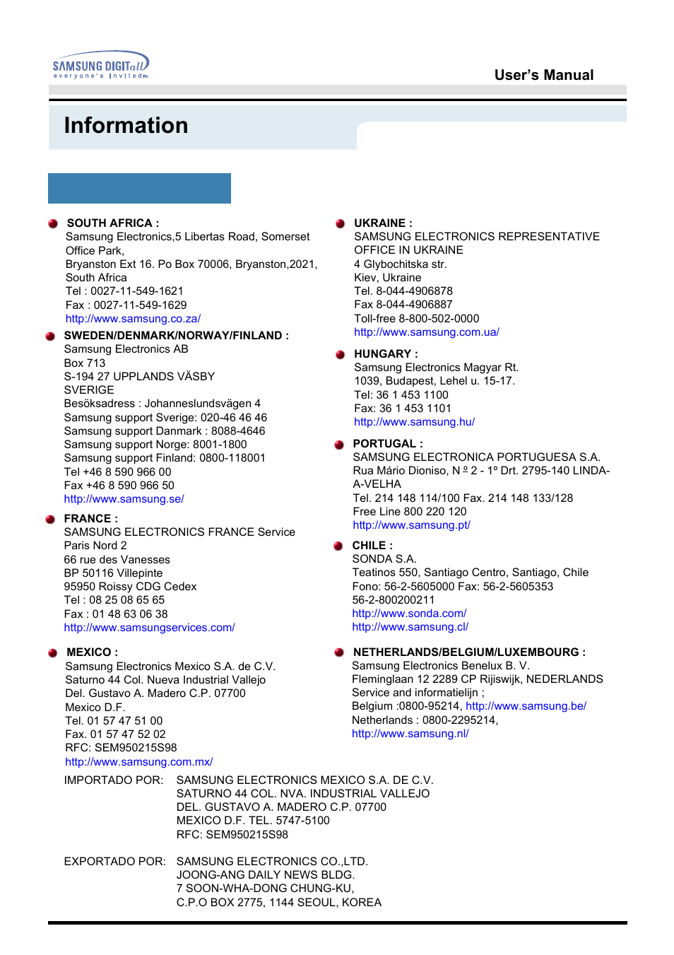 Information, User’s manual, Service | Samsung 192B User Manual | Page 45 / 55