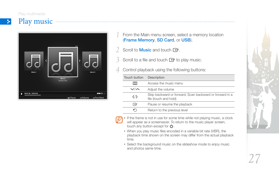 Play music, Nal memory device and change options (p. 27) | Samsung LP10WSLSB/ZA User Manual | Page 27 / 49