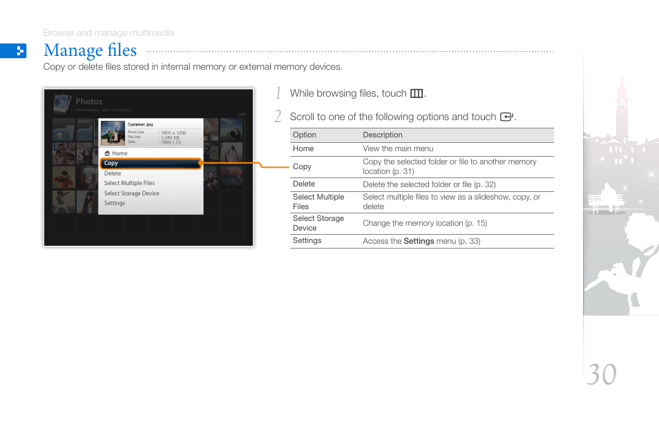 Manage files | Samsung LP10WSLSB/ZA User Manual | Page 30 / 49