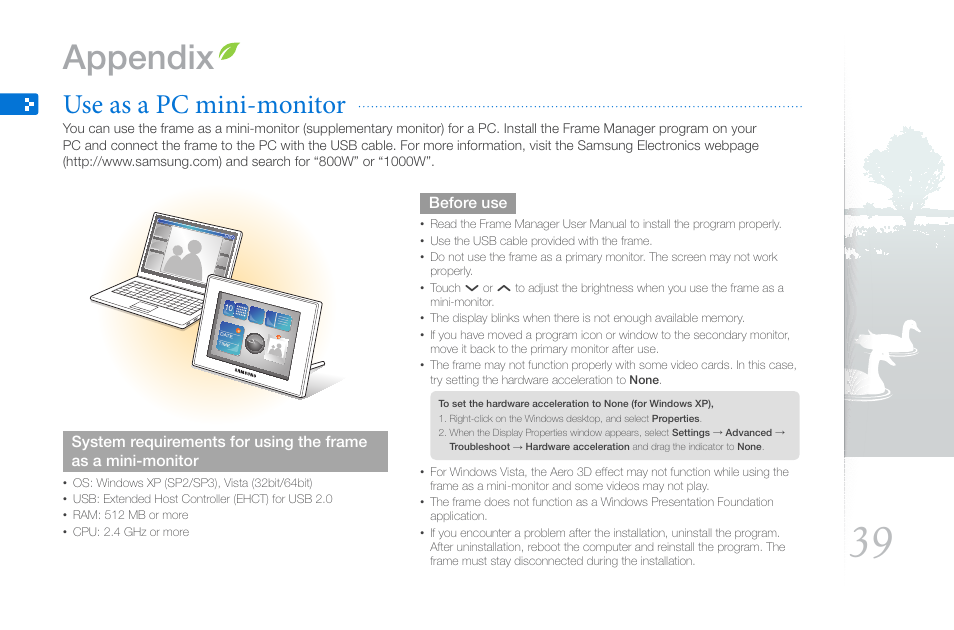 Appendix, Use as a pc mini-monitor | Samsung LP10WSLSB/ZA User Manual | Page 39 / 49