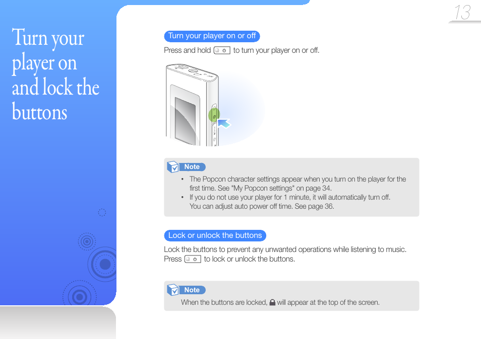 Turn your player on and lock the buttons, Turn your player on and lock the, Buttons | Samsung YP-U6 User Manual | Page 15 / 48