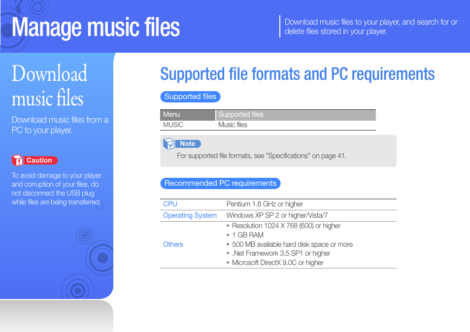 Manage music files, Download music files, Supported file formats and pc requirements | Supported file formats and pc, Requirements | Samsung YP-U6 User Manual | Page 17 / 48