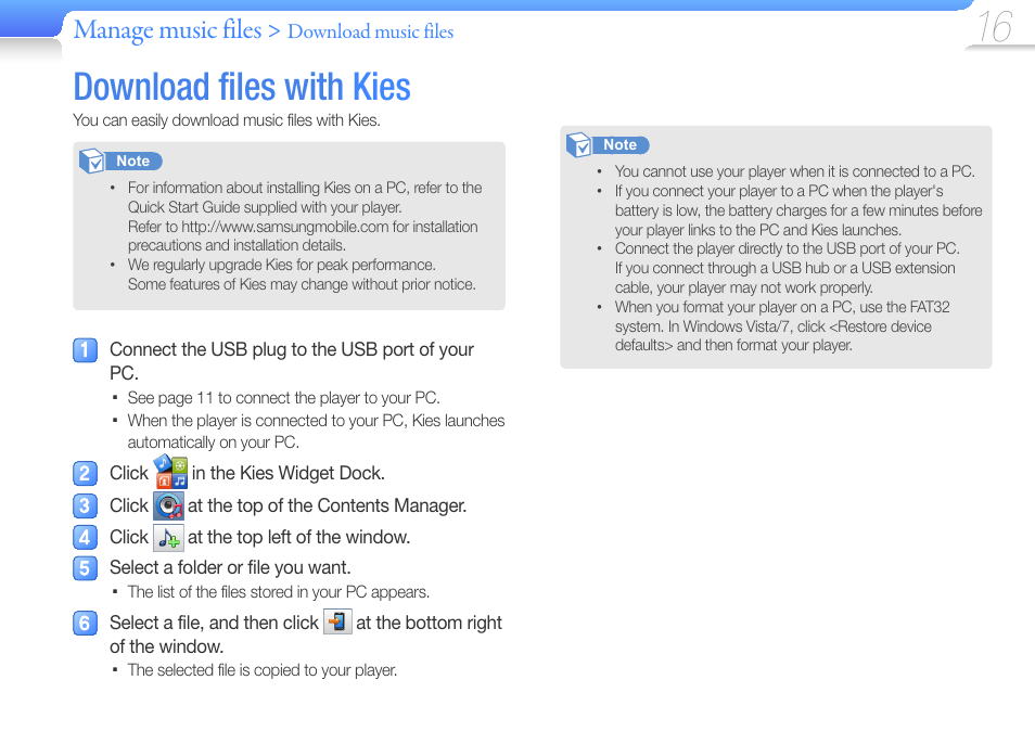 Download files with kies, Manage music files, Download music files | Samsung YP-U6 User Manual | Page 18 / 48