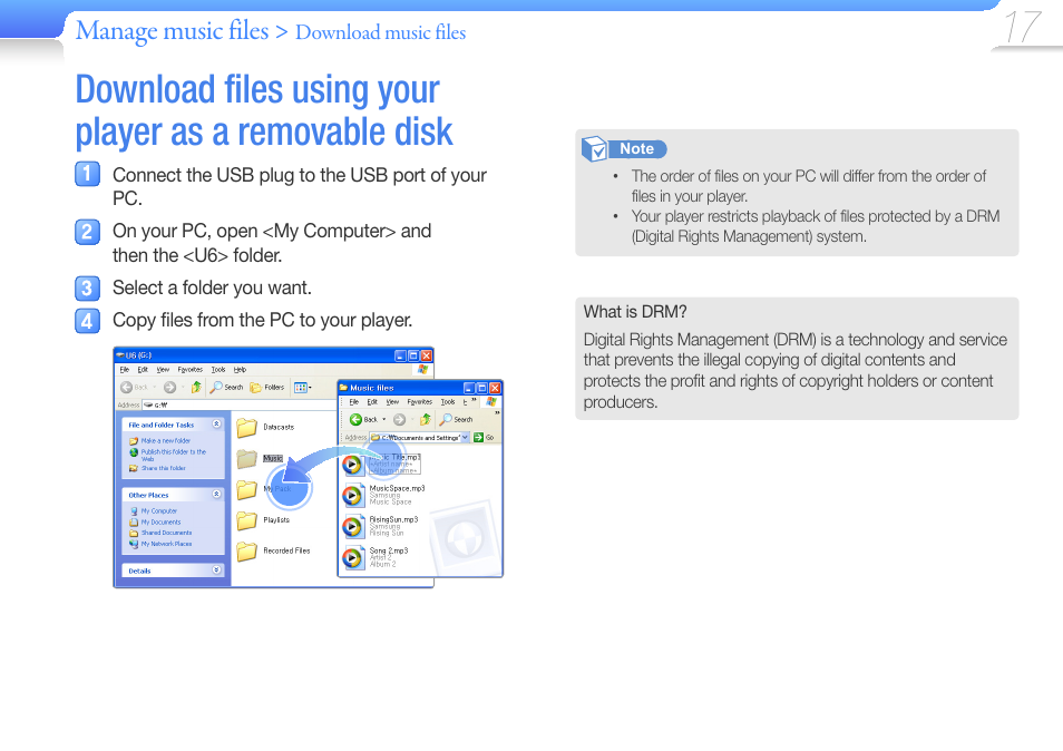 Download files using your player as a, Removable disk, Manage music files | Samsung YP-U6 User Manual | Page 19 / 48
