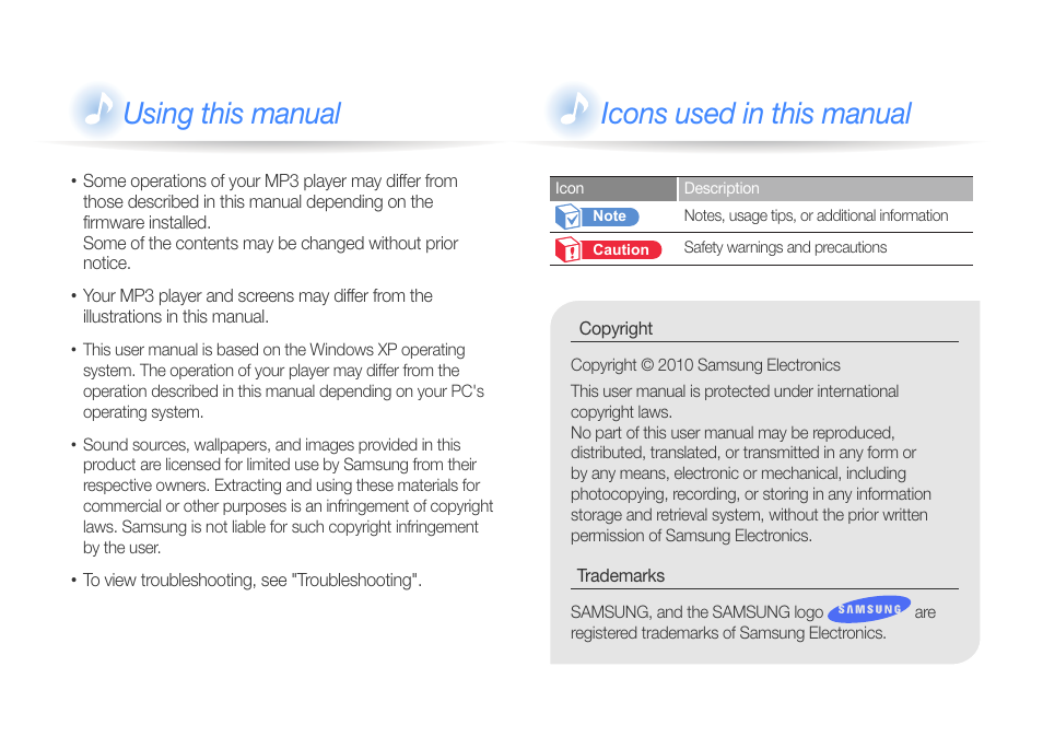 Using this manual, Icons used in this manual | Samsung YP-U6 User Manual | Page 2 / 48