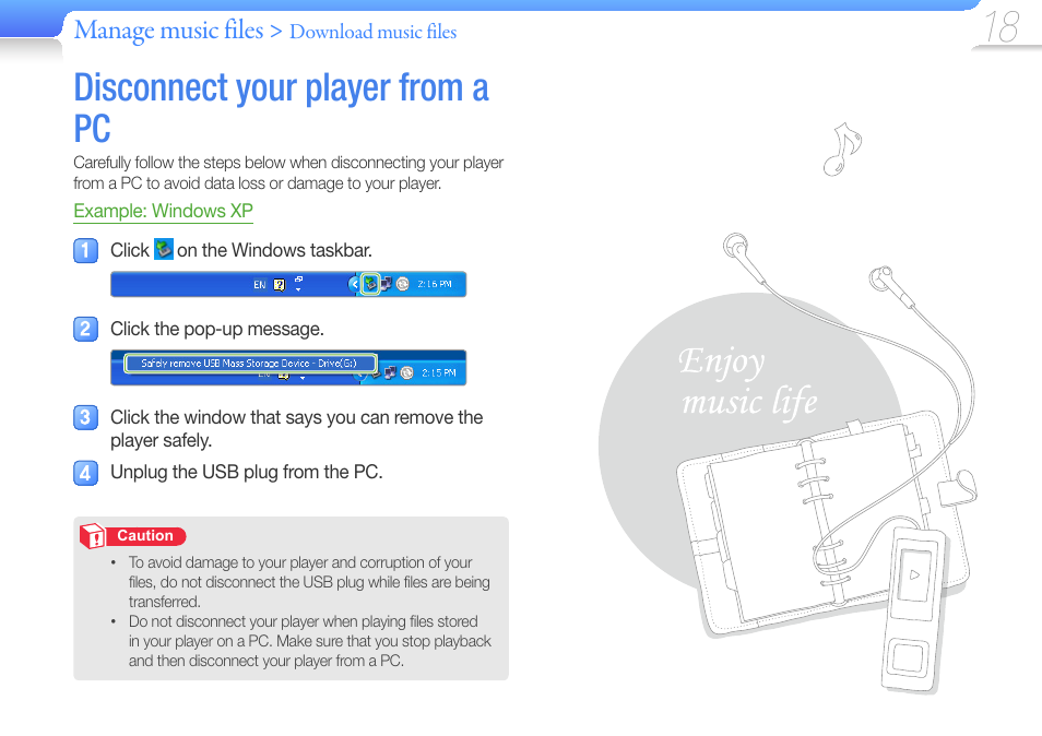 Disconnect your player from a pc, Manage music files | Samsung YP-U6 User Manual | Page 20 / 48