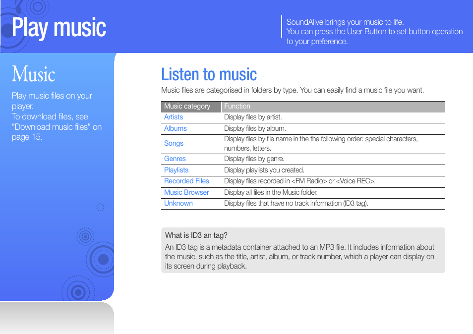 Play music, Music, Listen to music | Samsung YP-U6 User Manual | Page 22 / 48
