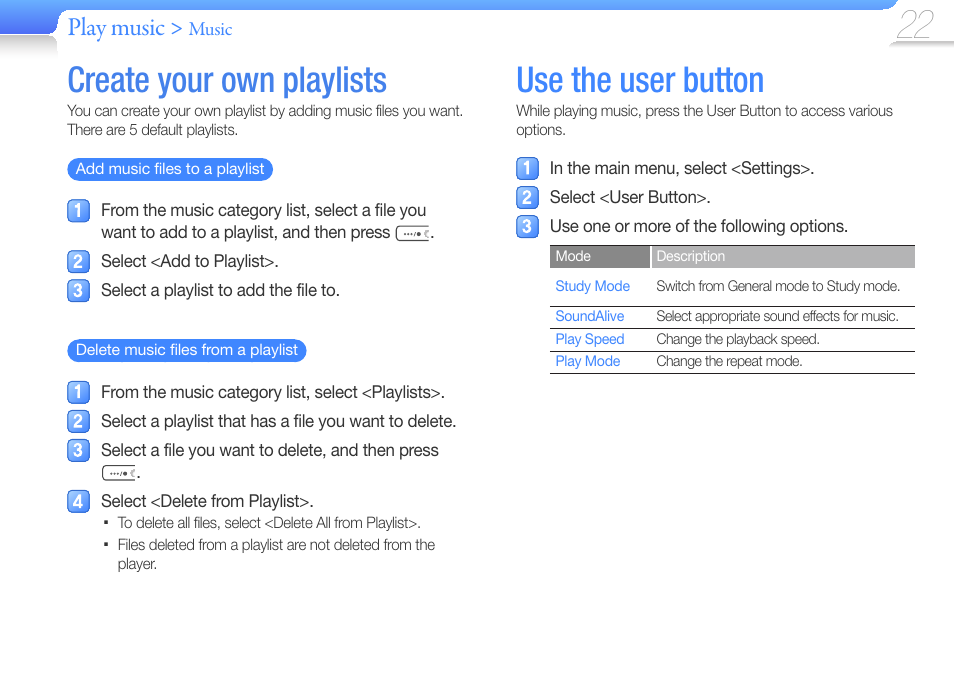 Create your own playlists, Use the user button, Play music | Samsung YP-U6 User Manual | Page 24 / 48