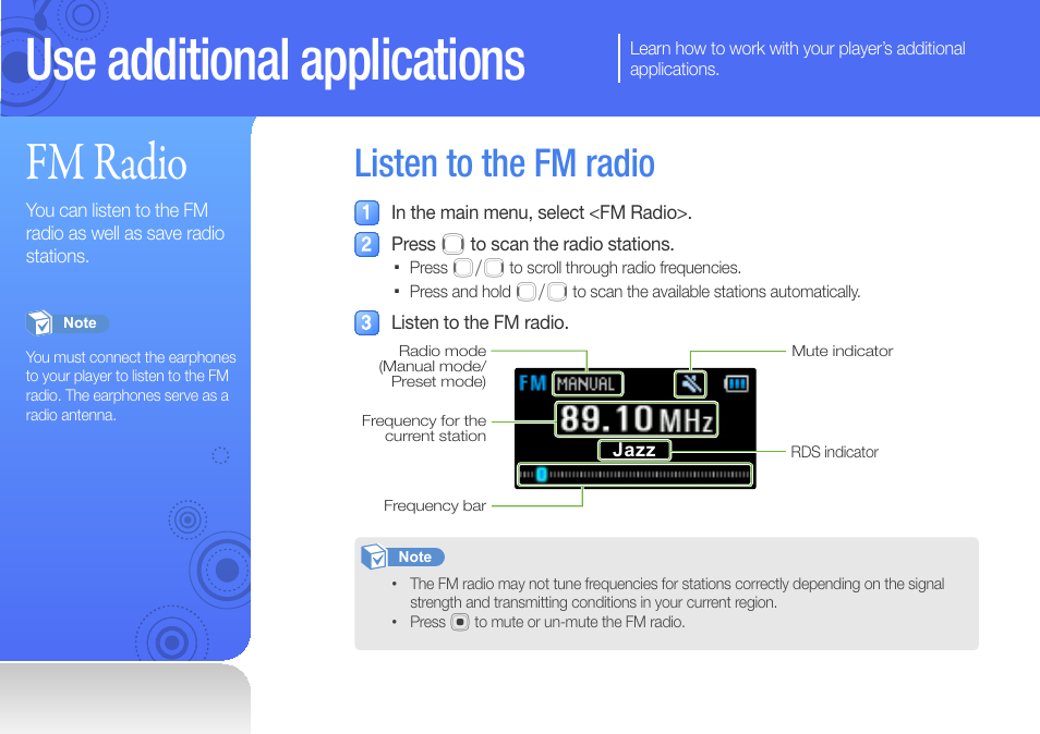 Use additional applications, Fm radio, Listen to the fm radio | Use additional, Applications | Samsung YP-U6 User Manual | Page 27 / 48