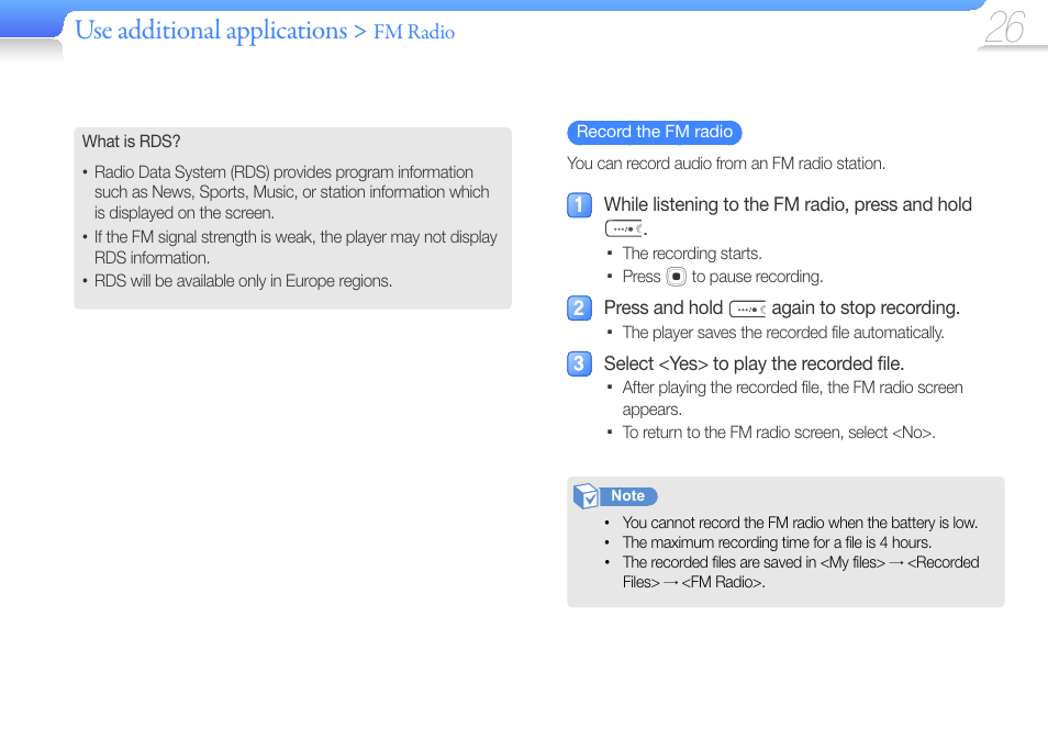 Use additional applications, Fm radio | Samsung YP-U6 User Manual | Page 28 / 48