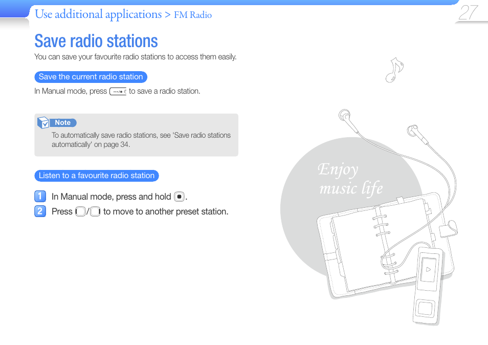 Save radio stations, Use additional applications | Samsung YP-U6 User Manual | Page 29 / 48