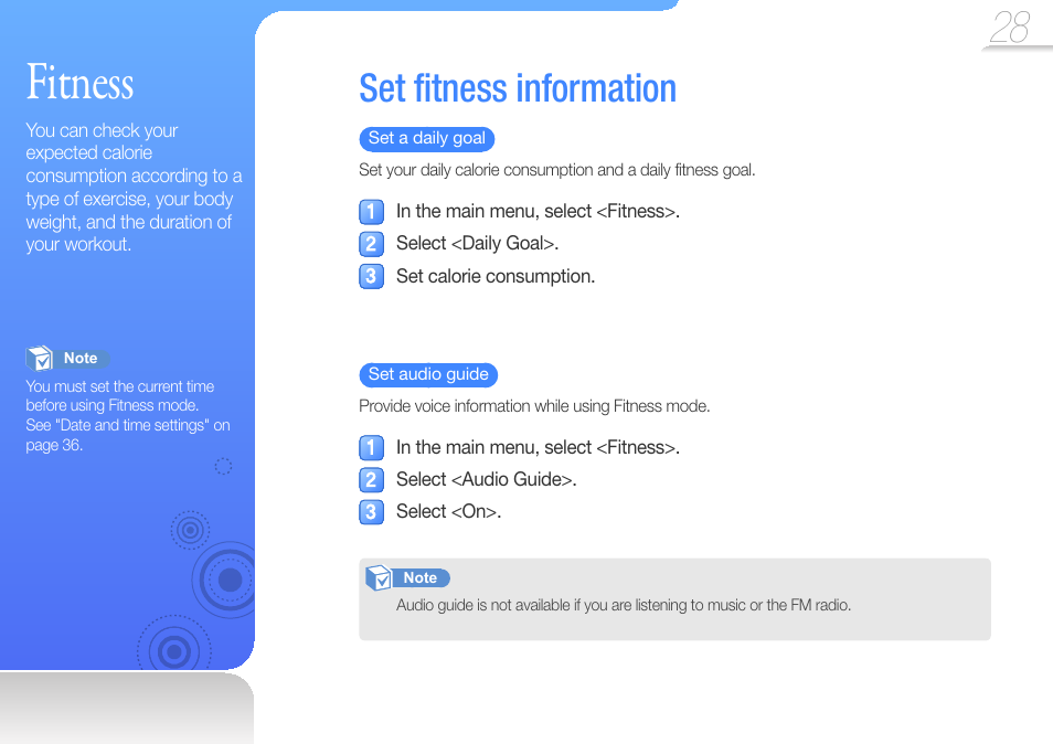 Fitness, Set fitness information | Samsung YP-U6 User Manual | Page 30 / 48