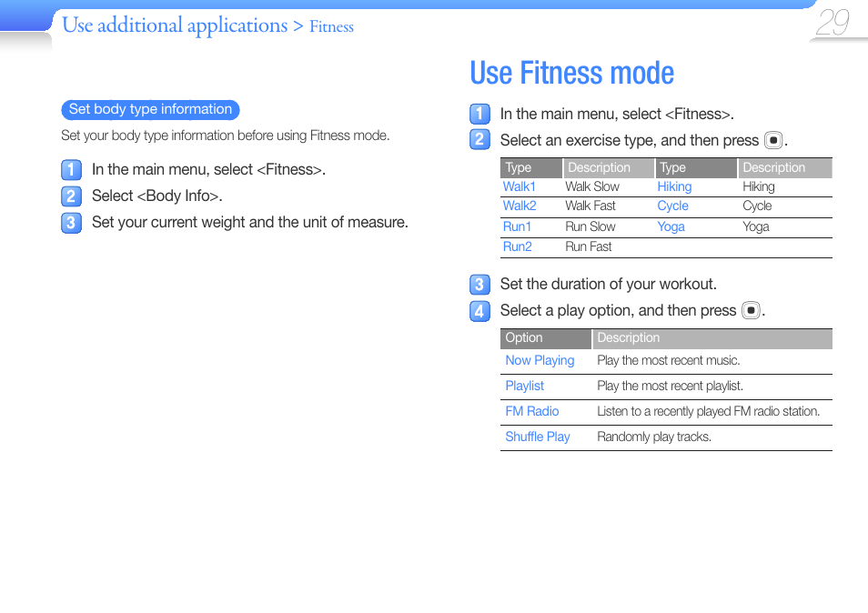 Use fitness mode, Use additional applications | Samsung YP-U6 User Manual | Page 31 / 48