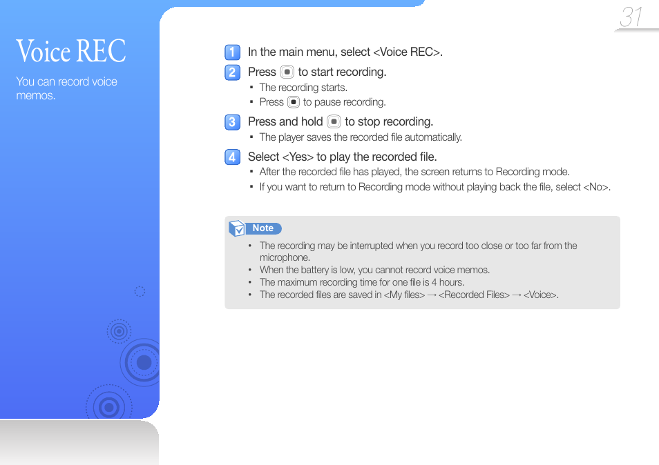 Voice rec | Samsung YP-U6 User Manual | Page 33 / 48