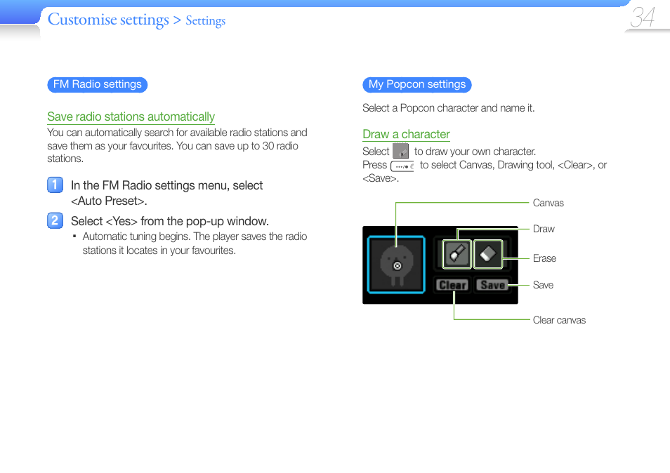 My popcon settings, Customise settings, Settings | Samsung YP-U6 User Manual | Page 36 / 48