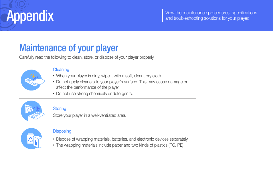 Appendix, Maintenance of your player | Samsung YP-U6 User Manual | Page 40 / 48