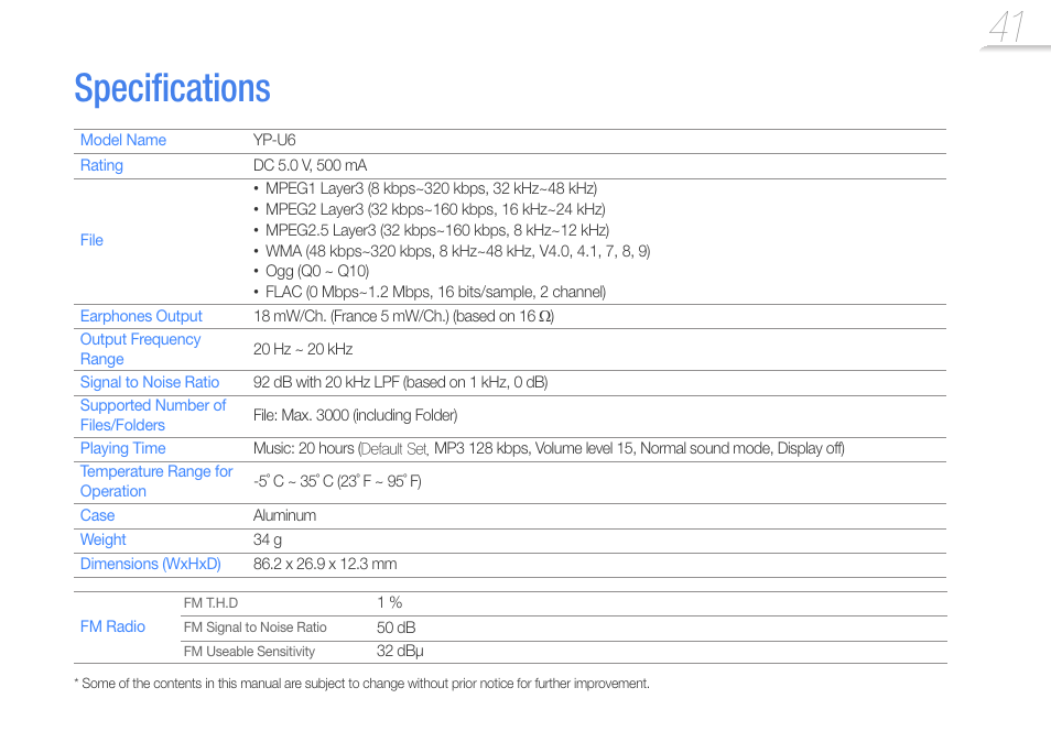 Specifications | Samsung YP-U6 User Manual | Page 43 / 48