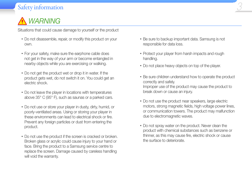 Warning, Safety information | Samsung YP-U6 User Manual | Page 5 / 48