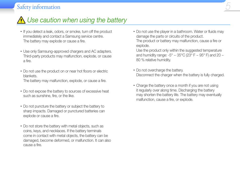Use caution when using the battery, Safety information | Samsung YP-U6 User Manual | Page 7 / 48