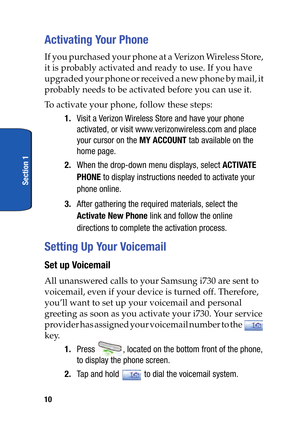 Activating your phone, Setting up your voicemail, Activating your phone setting up your voicemail | Samsung SCH-i730 User Manual | Page 10 / 220
