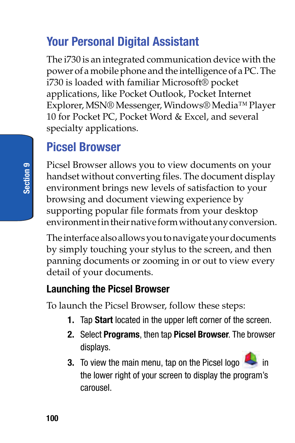 Your personal digital assistant, Picsel browser, Your personal digital assistant picsel browser | Samsung SCH-i730 User Manual | Page 100 / 220