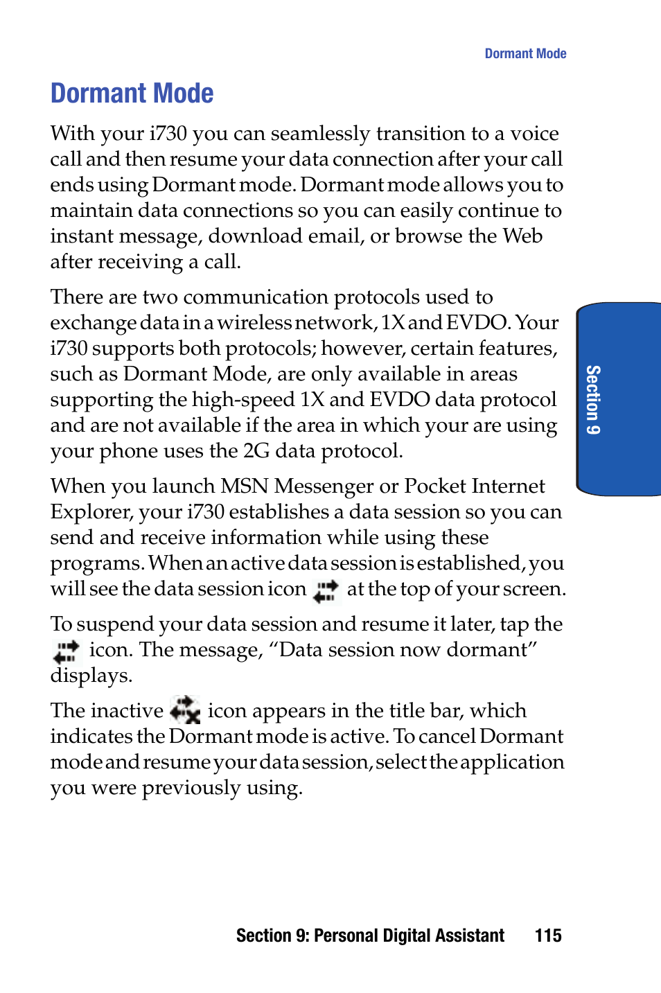 Dormant mode | Samsung SCH-i730 User Manual | Page 115 / 220