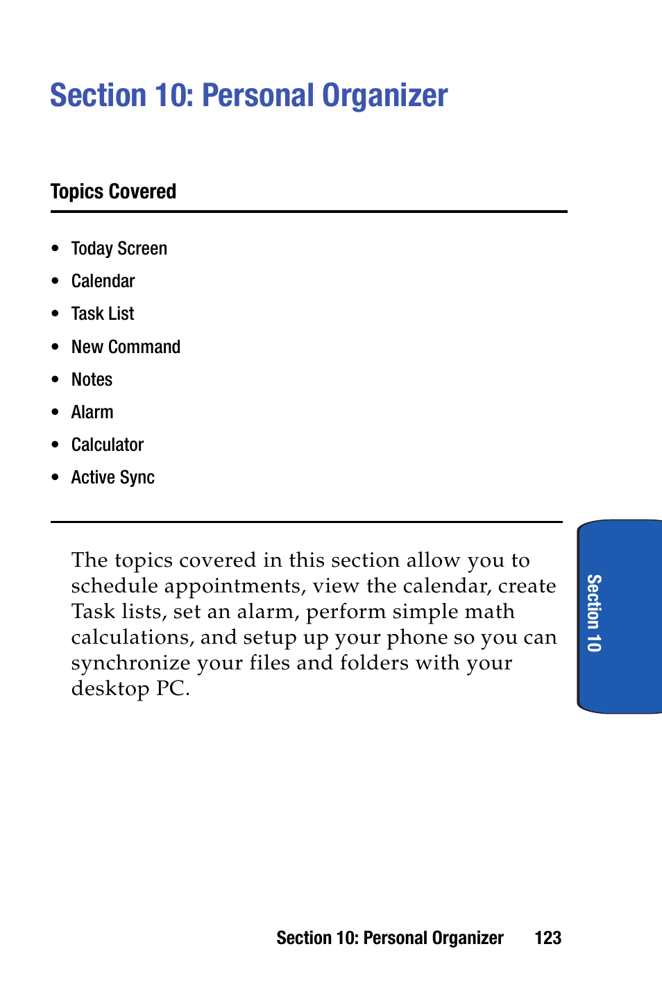 Section 10: personal organizer | Samsung SCH-i730 User Manual | Page 123 / 220