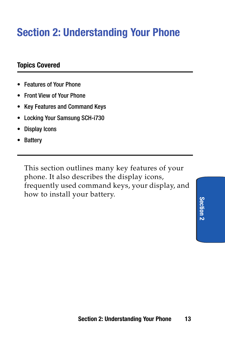 Section 2: understanding your phone | Samsung SCH-i730 User Manual | Page 13 / 220