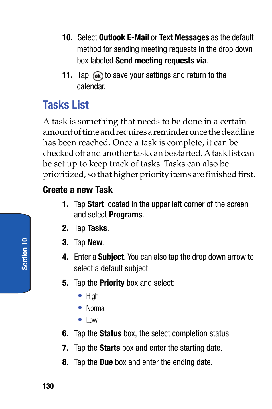 Tasks list | Samsung SCH-i730 User Manual | Page 130 / 220