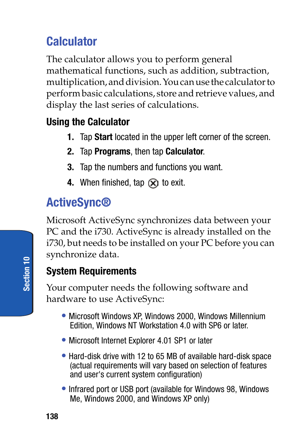 Calculator, Activesync, Calculator activesync | Samsung SCH-i730 User Manual | Page 138 / 220