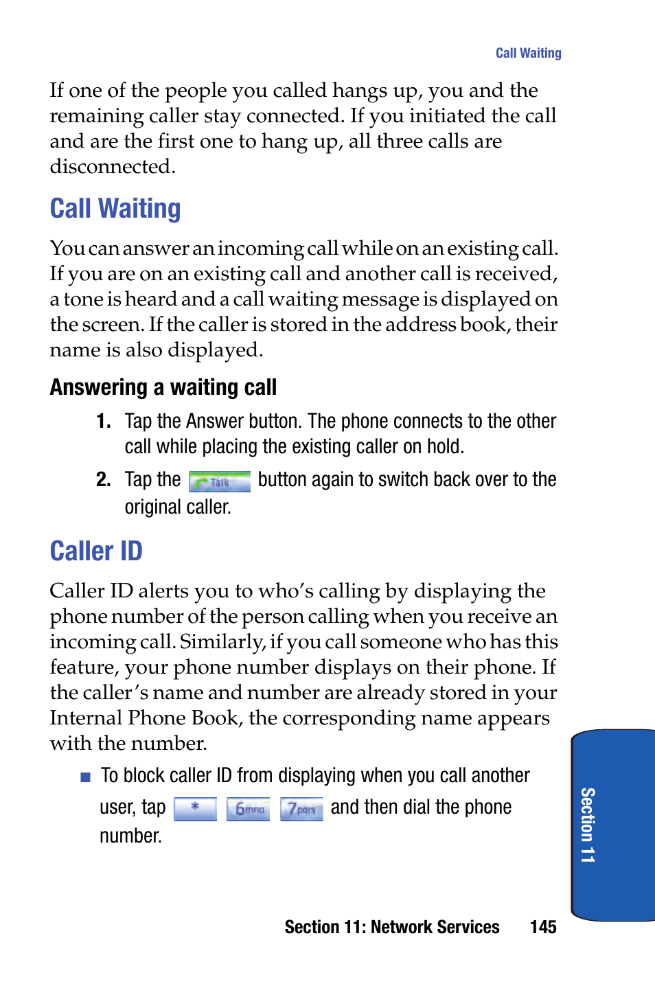 Call waiting, Caller id, Call waiting caller id | Samsung SCH-i730 User Manual | Page 145 / 220