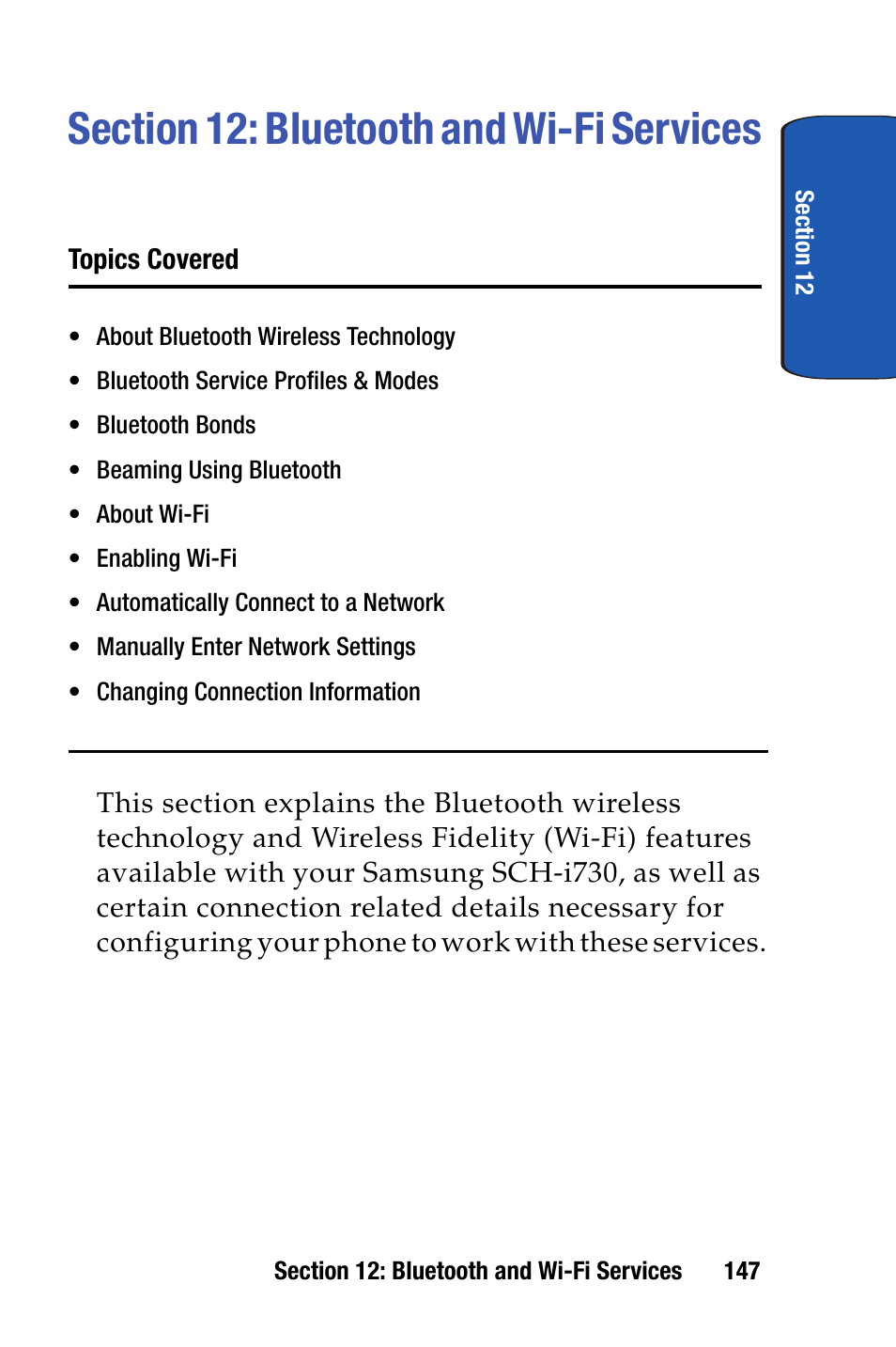 Section 12: bluetooth and wi-fi services | Samsung SCH-i730 User Manual | Page 147 / 220