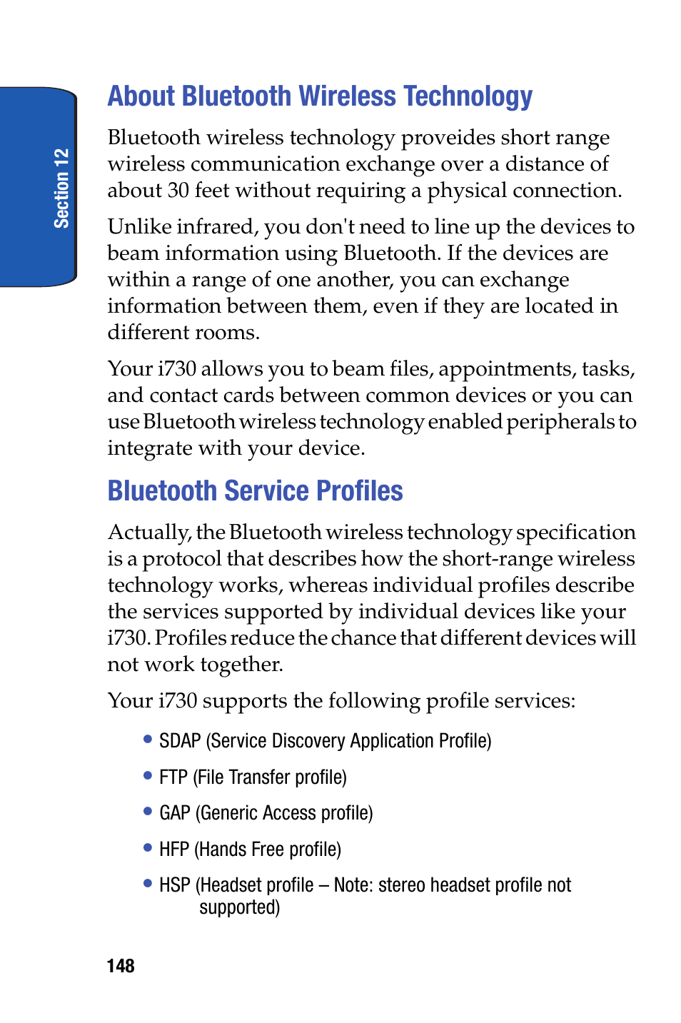 About bluetooth wireless technology, Bluetooth service profiles | Samsung SCH-i730 User Manual | Page 148 / 220