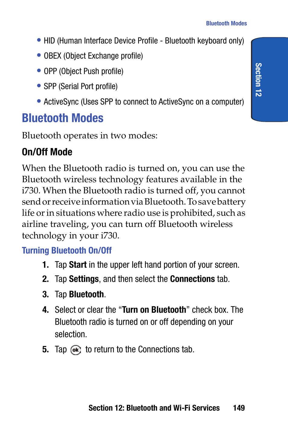 Bluetooth modes | Samsung SCH-i730 User Manual | Page 149 / 220
